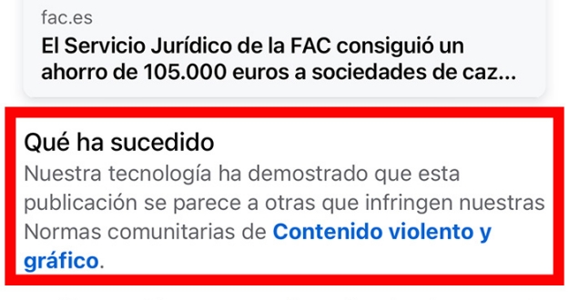Facebook censura a la Federación Andaluza de Caza por publicaciones que no infringen sus normas